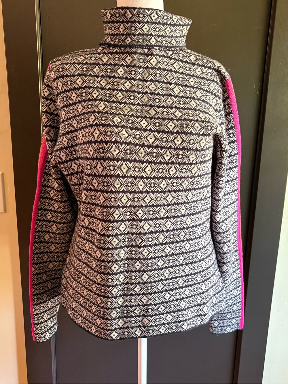 Maeve Black & White Patterned Cowl Neck Sweater with Pink Sleeve Stripe